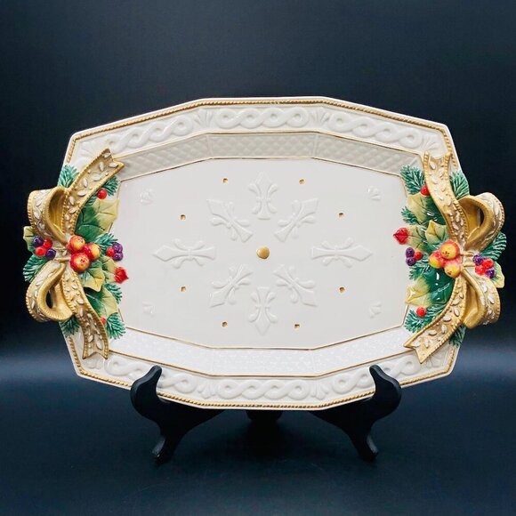 90s Fitz and Floyd Snowy Woods Serving Tray Christmas Decorative Ceramic Platter - Picture 1 of 11